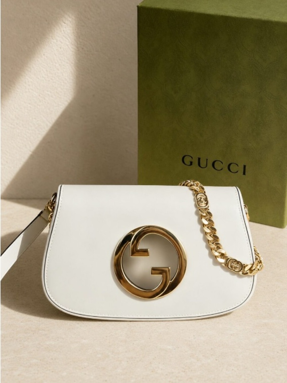Gucci Medium White Calfskin Purse with Gold Tone Chain